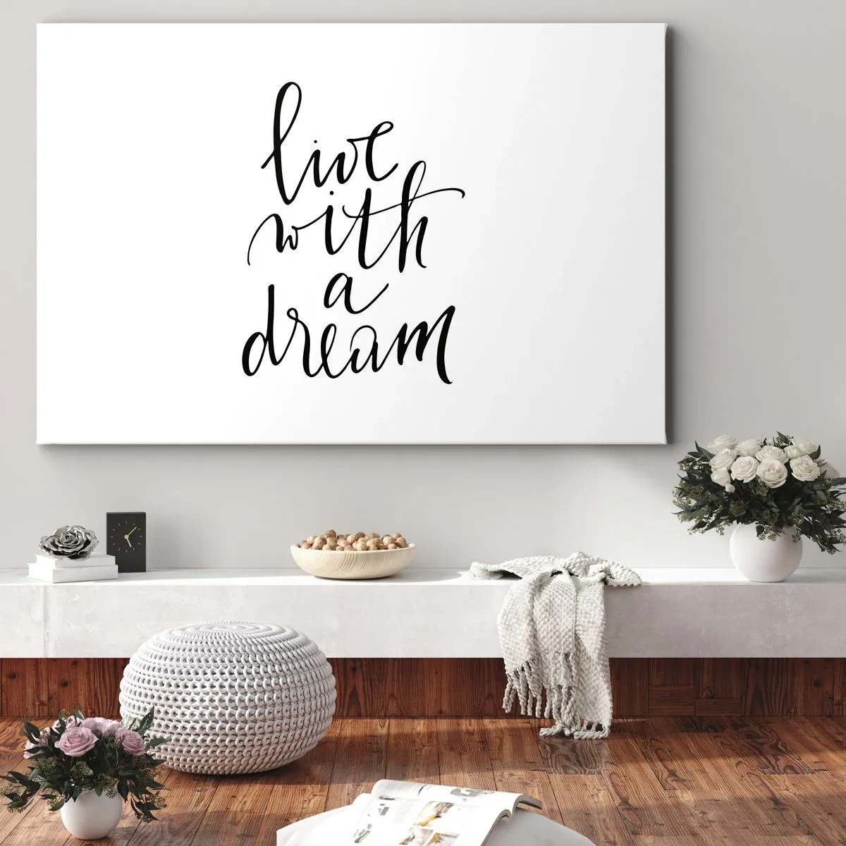 Canvas picture - A minimalist painting with the words 'live with a dream' in black on a white background. - 70x50cm - Of Course - Modern wall decoration for the living room and bedroom ARTTOR