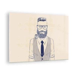 Glass picture - A stylized man with a beard, glasses and a pipe on a light background. - 70x50cm - Cheerful, Manly and Fashionable - Modern wall decoration for the living room and bedroom ARTTOR