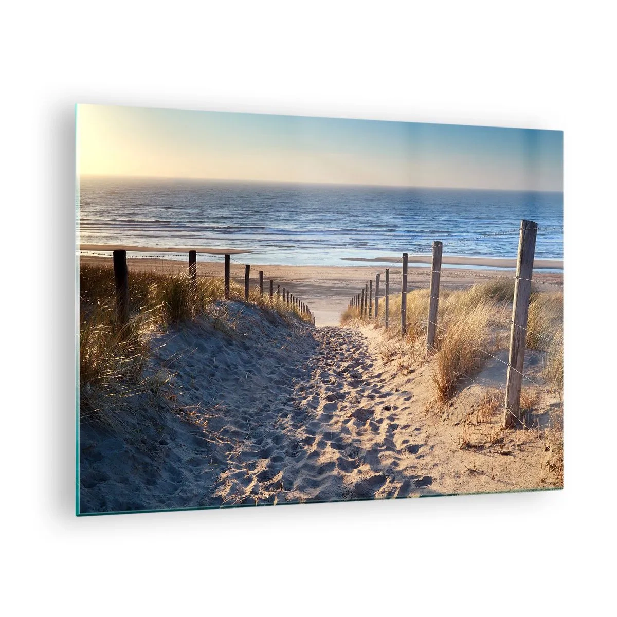 Glass picture - A path through the dunes leading to a beach with a calm sea - 70x50cm - Sound of the Sea, Singing of the Birds, Wild Beach among Grass - Modern wall decoration for the living room and bedroom ARTTOR