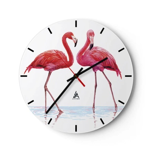 Wall clock - Clock on glass - Two pink flamingos standing in the water - 30x30cm - Pink Rendezvous - Modern wall decoration for the living room, kitchen, and bedroom ARTTOR
