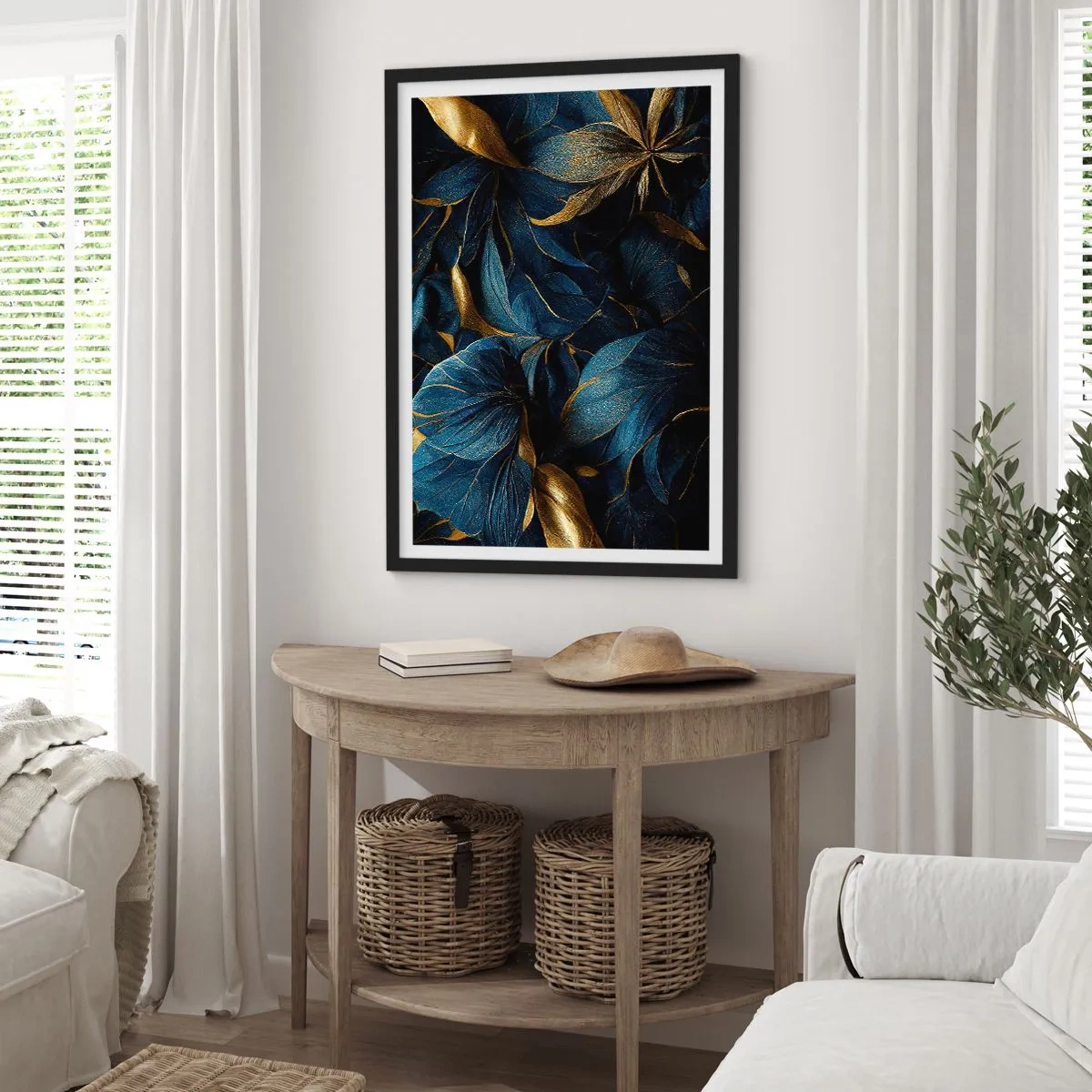 Poster in black frame - Golden leaves against a deep navy blue background - 50x70cm - Lined with Gold - Modern wall decoration for the living room and bedroom ARTTOR