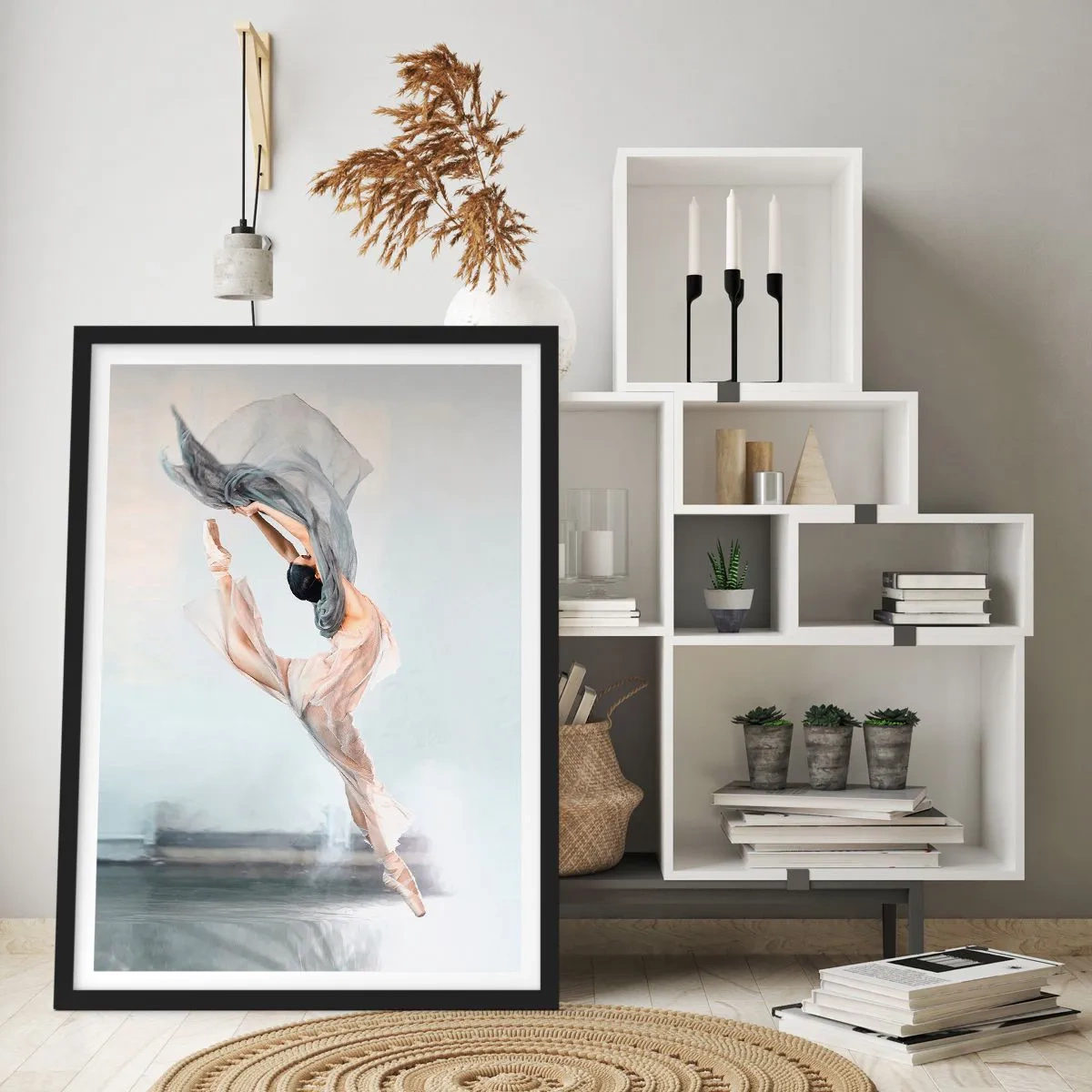 Poster in black frame - A ballerina dancing with a delicate shawl against a light background - 50x70cm - In Dancing Exaltation - Modern wall decoration for the living room and bedroom ARTTOR