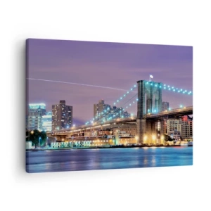 Canvas picture - Brooklyn Bridge at night with the city illuminated in the background - 70x50cm - Brooklyn Bridge for Many Years Now - Modern wall decoration for the living room and bedroom ARTTOR