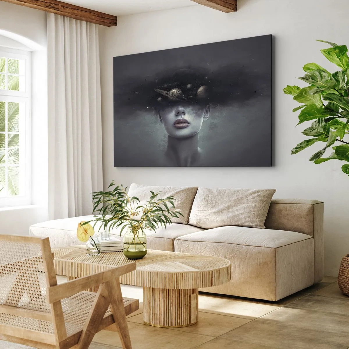 Canvas picture - A woman's face with a planet and space motif in the background - 70x50cm - And Planets are Revolving… - Modern wall decoration for the living room and bedroom ARTTOR