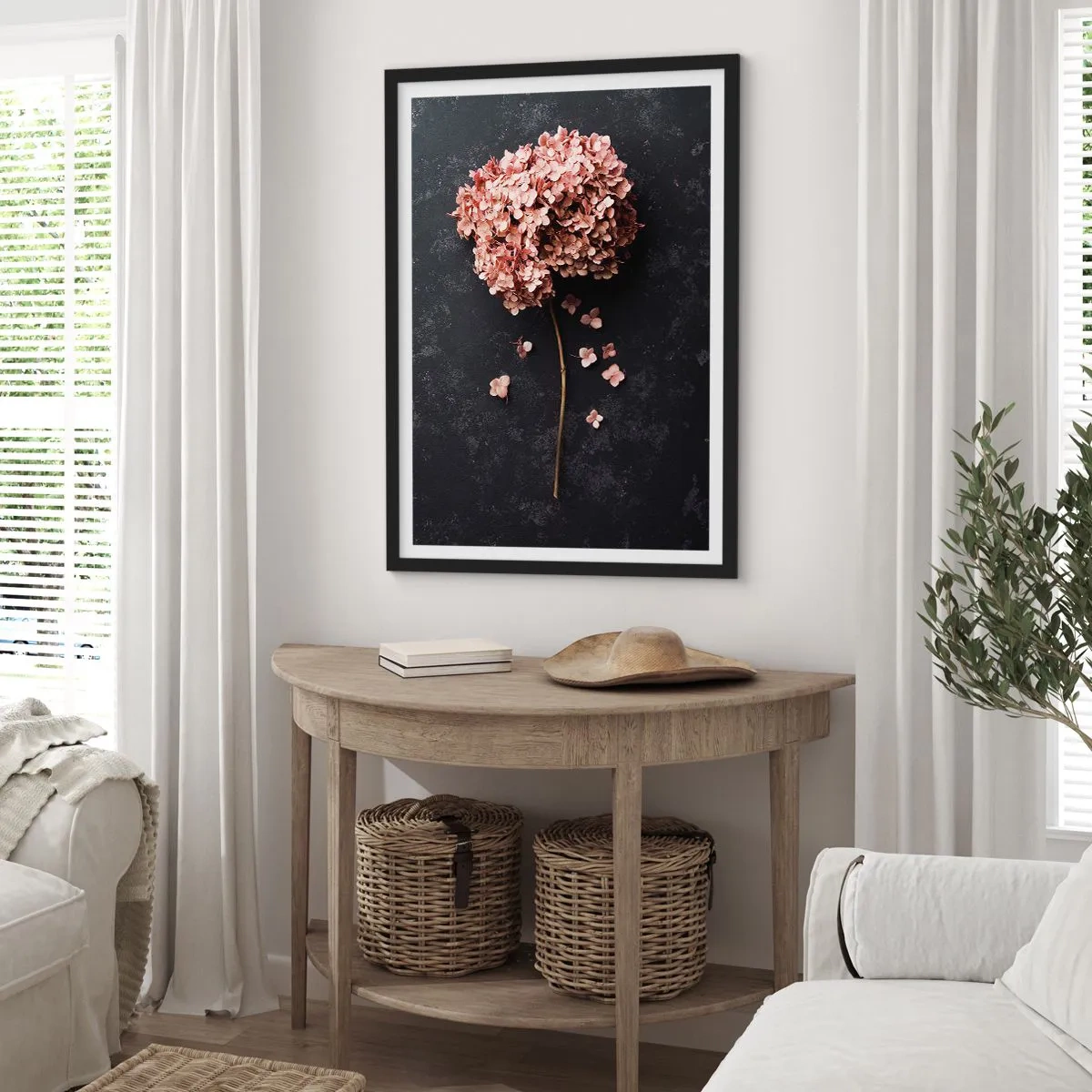 Poster in black frame - Dried hydrangea on a black background - 50x70cm - Trully Romantic Sign - Modern wall decoration for the living room and bedroom ARTTOR