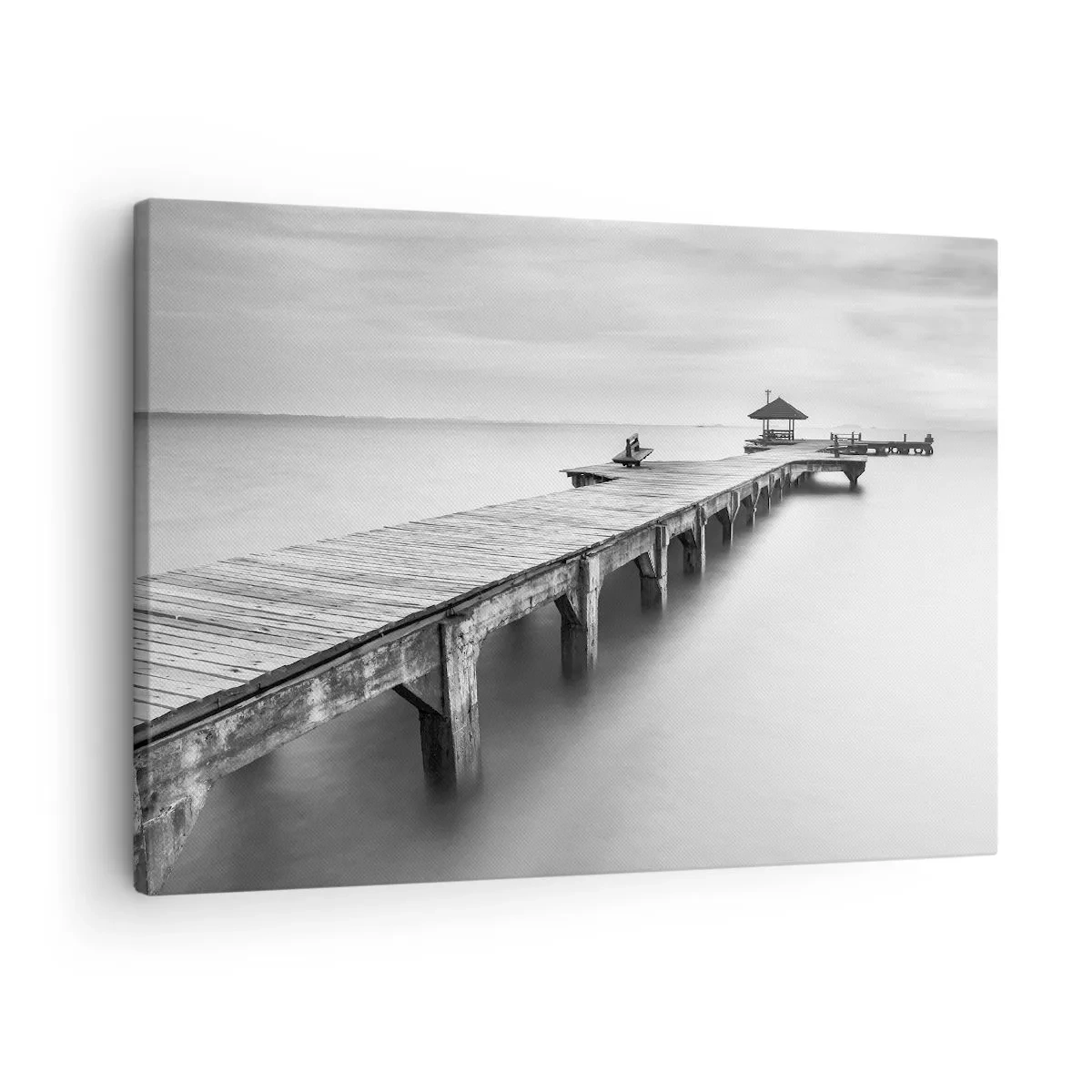 Canvas picture - A black and white view of a wooden pier over calm water. - 70x50cm - Into the Distance - Modern wall decoration for the living room and bedroom ARTTOR