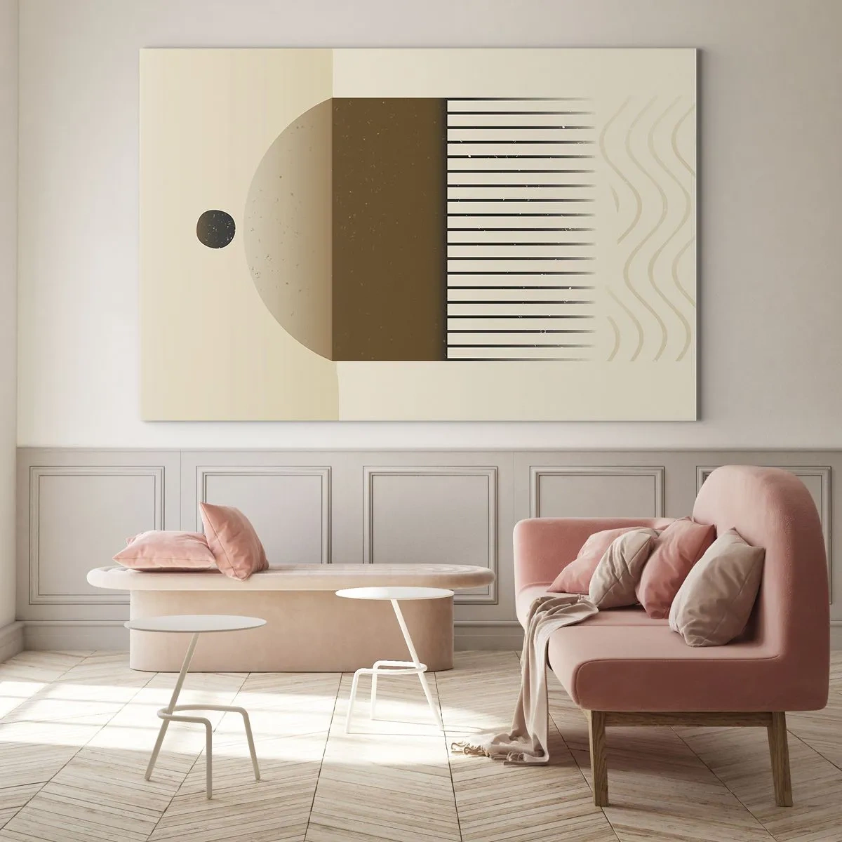 Glass picture - Beige and brown abstraction with geometric forms and lines - 70x50cm - Different States - Modern wall decoration for the living room and bedroom ARTTOR