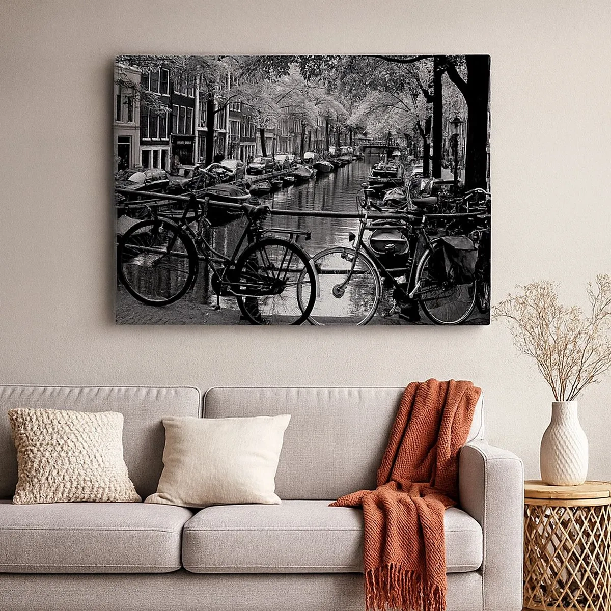 Canvas picture - Canal with bicycles in black and white photography - 70x50cm - A Very Dutch View - Modern wall decoration for the living room and bedroom ARTTOR