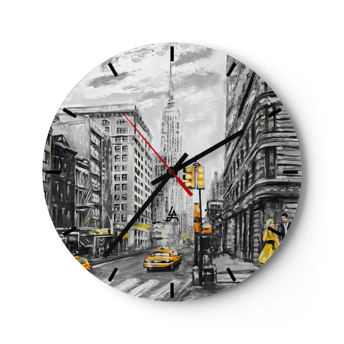 Wall clock - Clock on glass - A picturesque view of New York City with taxis on the street - 30x30cm - New York Tale - Modern wall decoration for the living room, kitchen, and bedroom ARTTOR