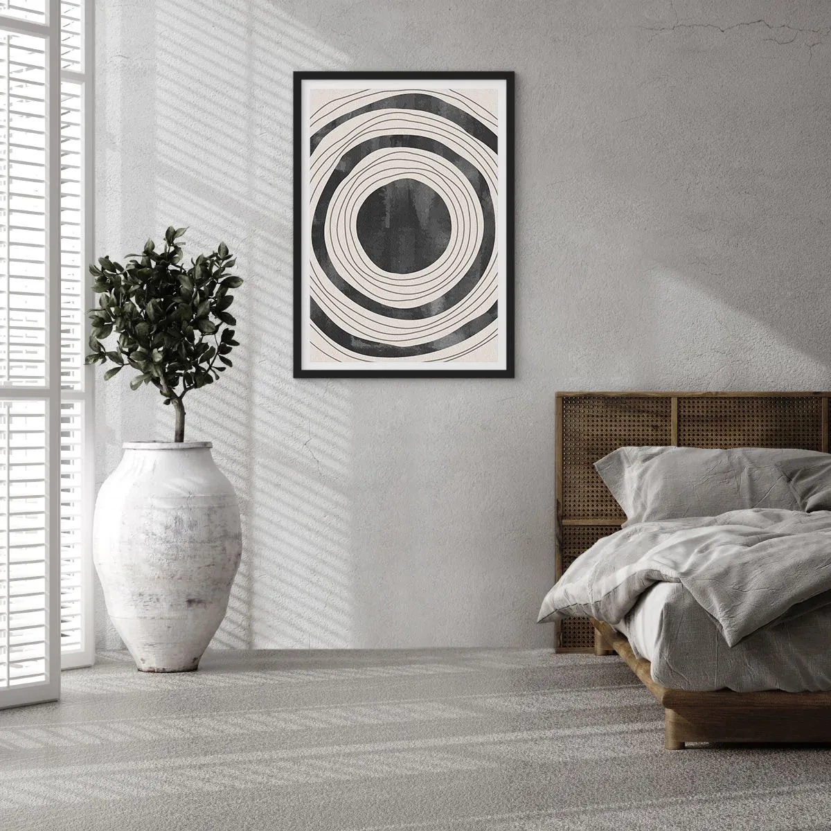 Poster in black frame - Abstract concentric circles in black and white - 50x70cm - Heart of the Matter - Modern wall decoration for the living room and bedroom ARTTOR