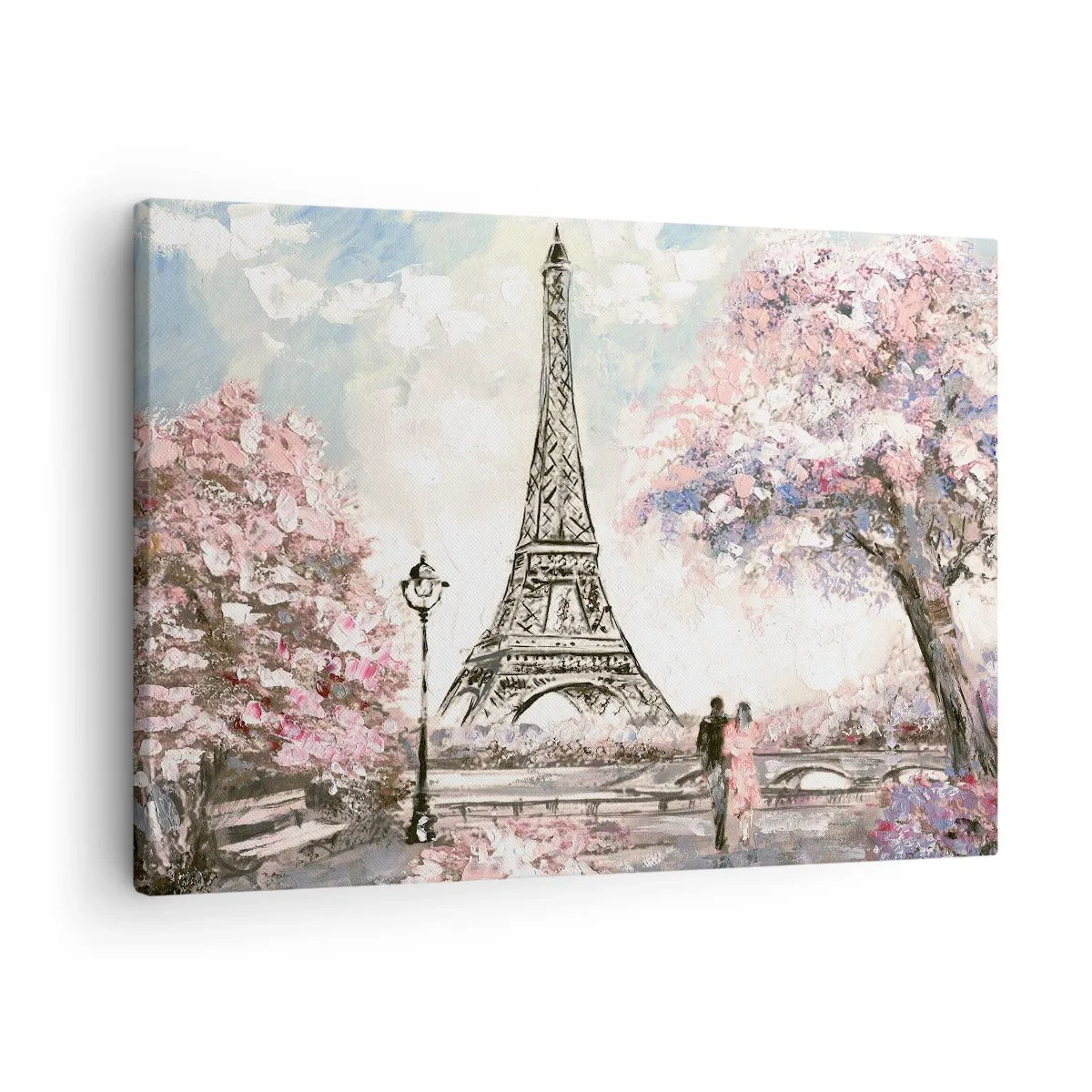 Canvas picture - The Eiffel Tower surrounded by flowering trees - 70x50cm - April Walk in Paris - Modern wall decoration for the living room and bedroom ARTTOR