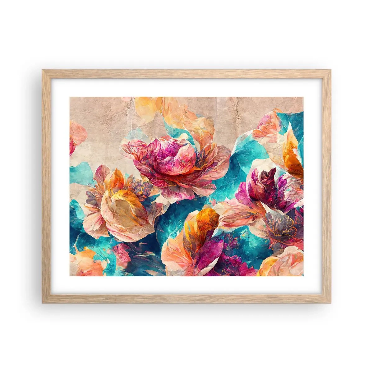 Poster in light oak frame - Colourful Splendour of a Bouquet - 50x40 cm