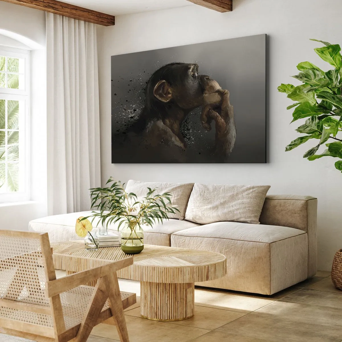 Canvas picture - Portrait of a monkey in a reflective pose against a gray background - 70x50cm - Certainly a Thinker - Modern wall decoration for the living room and bedroom ARTTOR
