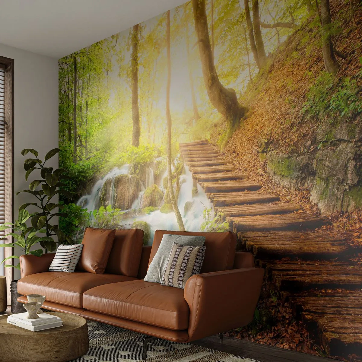 Photo Wallpaper Premium Sand - Long Awaited Coolness - Landscape, Waterfall, Forest - 100x70 cm