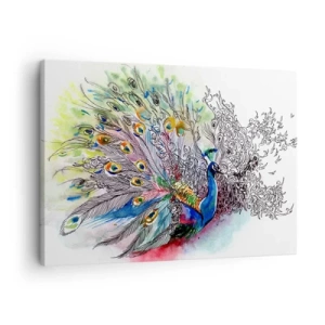 Canvas picture - A peacock in a colorful watercolor style with abstract feathers - 70x50cm - With Pride against Greyness - Modern wall decoration for the living room and bedroom ARTTOR