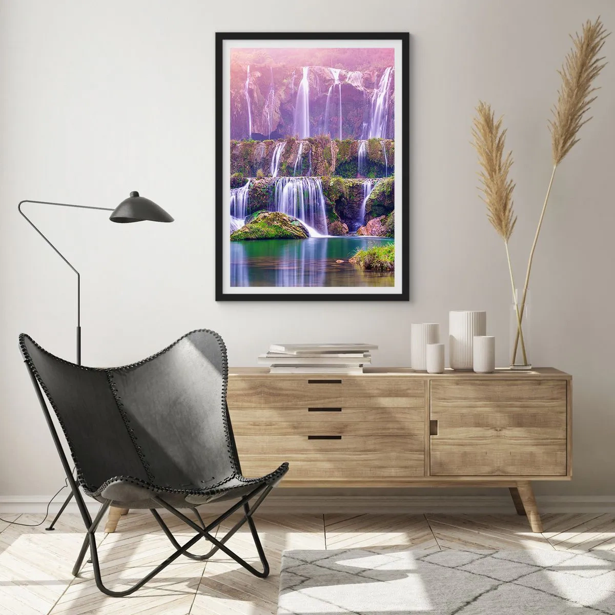 Poster in black frame - waterfall surrounded by greenery - 50x70cm - Stairway to Heaven - Modern wall decoration for the living room and bedroom ARTTOR