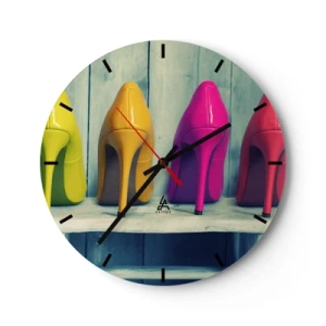 Wall clock - Clock on glass - Colorful pins on a wooden shelf with a light background - 30x30cm - Walk on a Rainbow - Modern wall decoration for the living room, kitchen, and bedroom ARTTOR