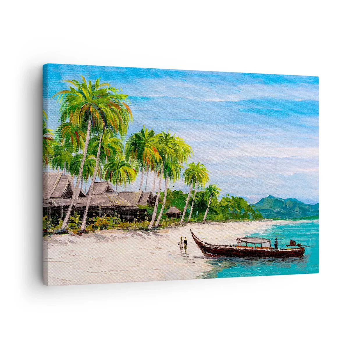 Canvas picture - An exotic beach with palm trees and a boat at the shore - 70x50cm - Exotic Dream - Modern wall decoration for the living room and bedroom ARTTOR