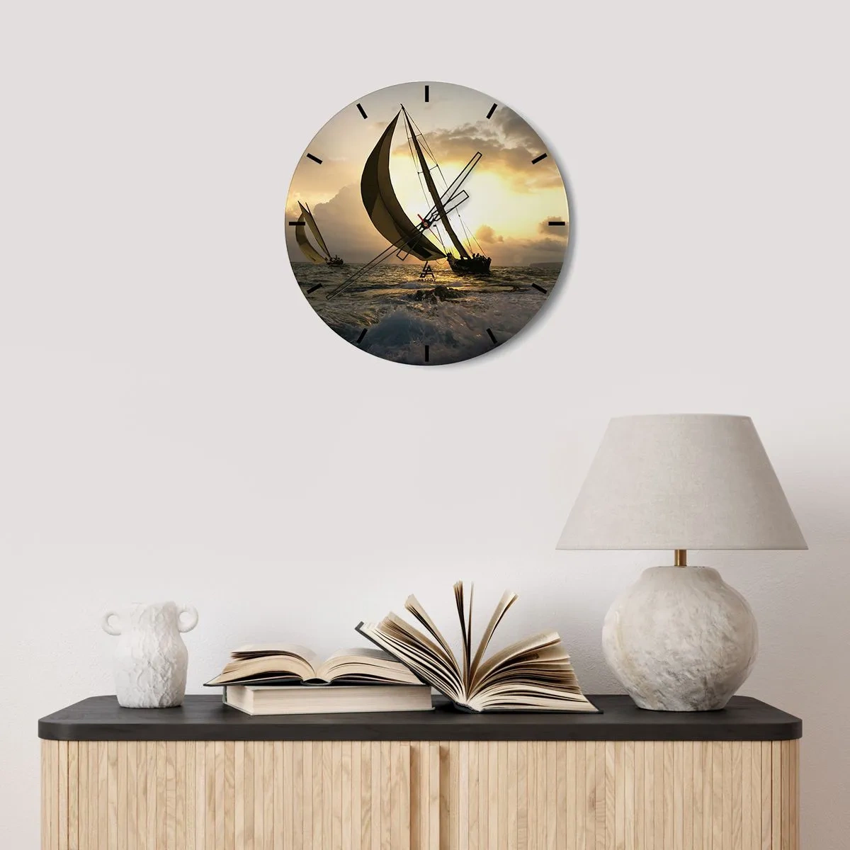 Wall clock - Clock on glass - Sailboats on the open sea at sunset - 30x30cm - With and against the Wind - Modern wall decoration for the living room, kitchen, and bedroom ARTTOR