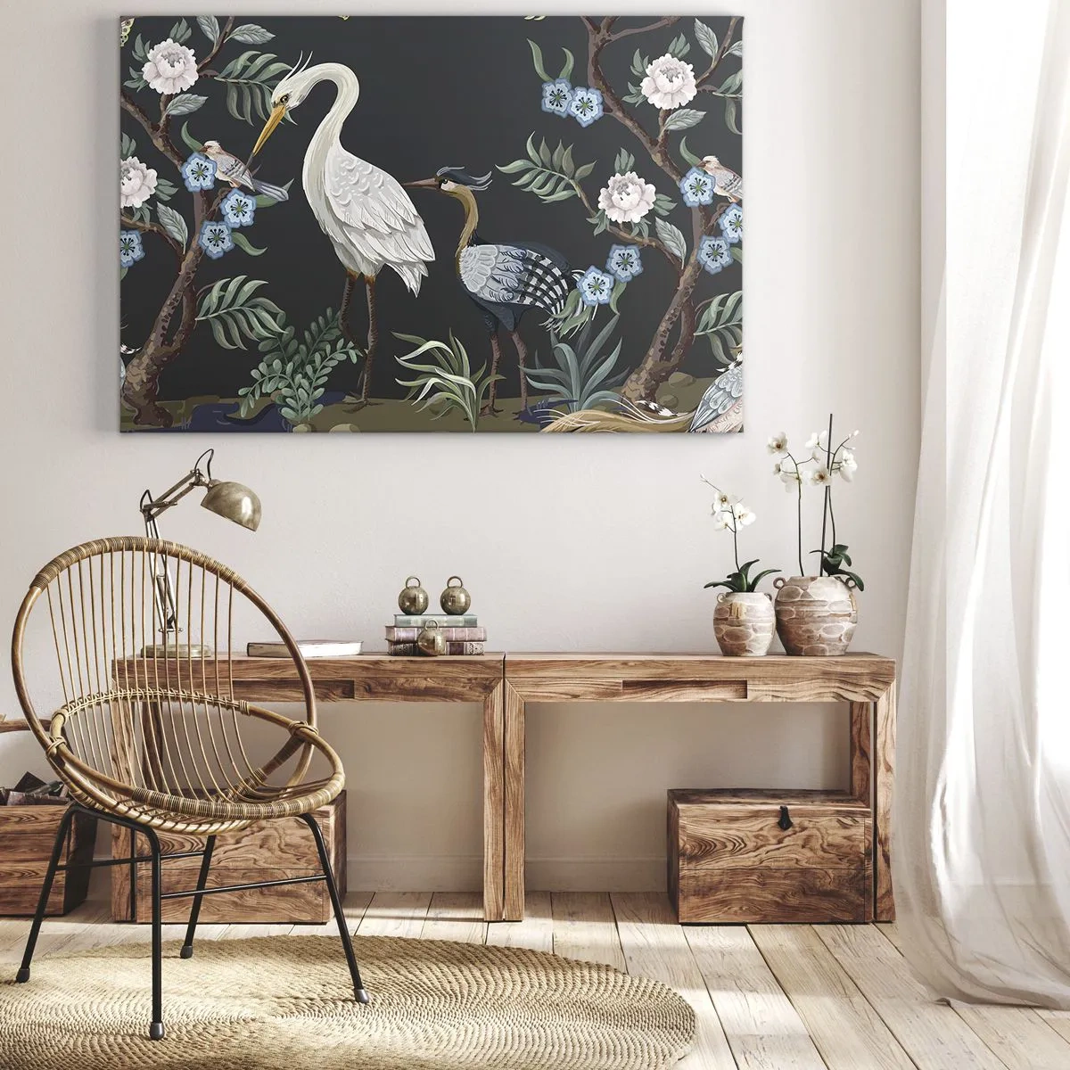Canvas picture - Painted birds and plants on a dark background with an elegant pattern - 70x50cm - Bird Truth - Modern wall decoration for the living room and bedroom ARTTOR