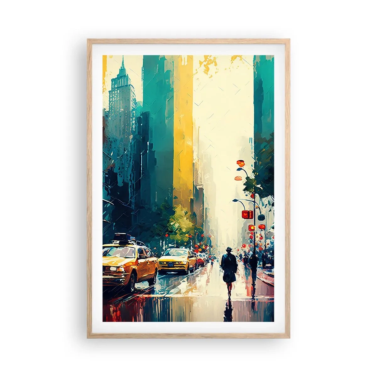 Poster in light oak frame - New York - Even Rain Is Colourful - 61x91 cm
