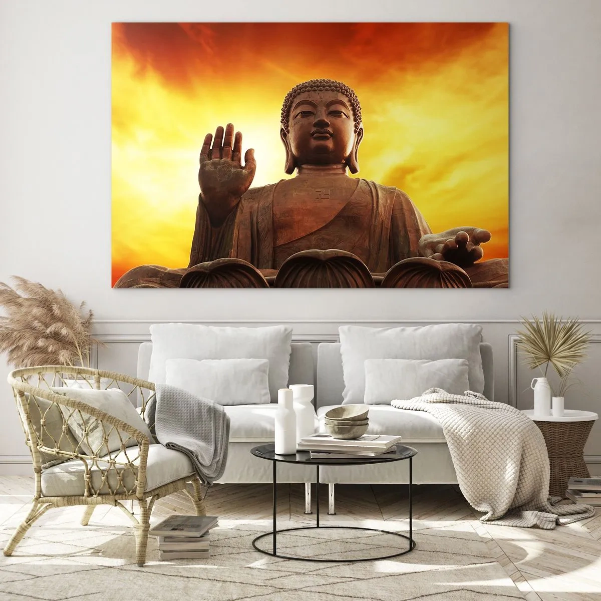 Glass picture - A Buddha statue against the backdrop of a golden sunset - 70x50cm - Peace of the World - Modern wall decoration for the living room and bedroom ARTTOR