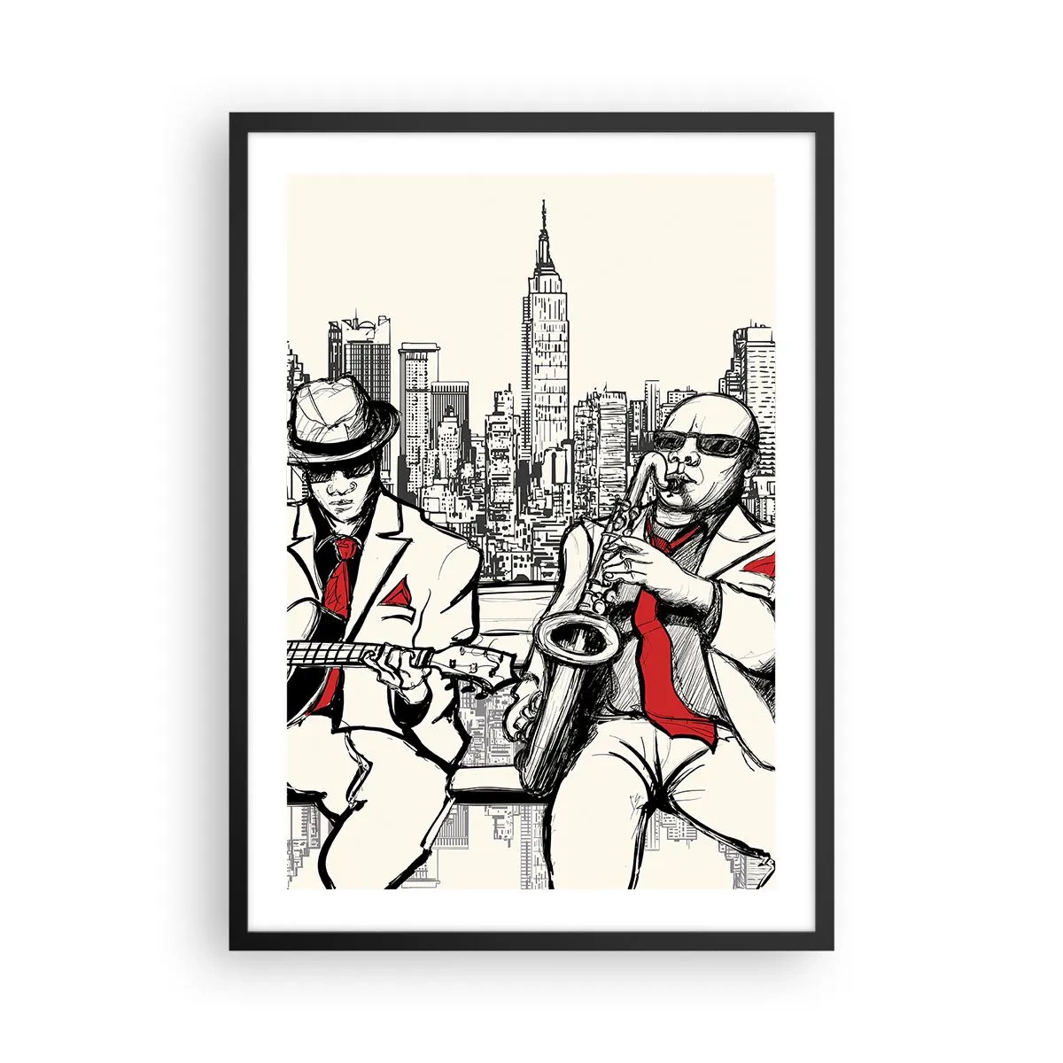 Poster in black frame - Two jazz musicians against the backdrop of the city skyline - 50x70cm - New York Improvisation - Modern wall decoration for the living room and bedroom ARTTOR