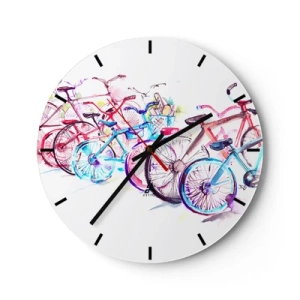 Wall clock - Clock on glass - Watercolor bicycles in bright colors on a white background - 30x30cm - Anti-moto Club Reunion - Modern wall decoration for the living room, kitchen, and bedroom ARTTOR