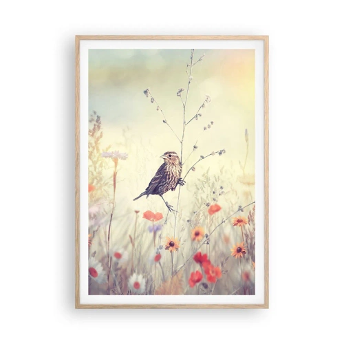 Poster in light oak frame - Bird Portrait with a Meadow in the Background - 70x100 cm