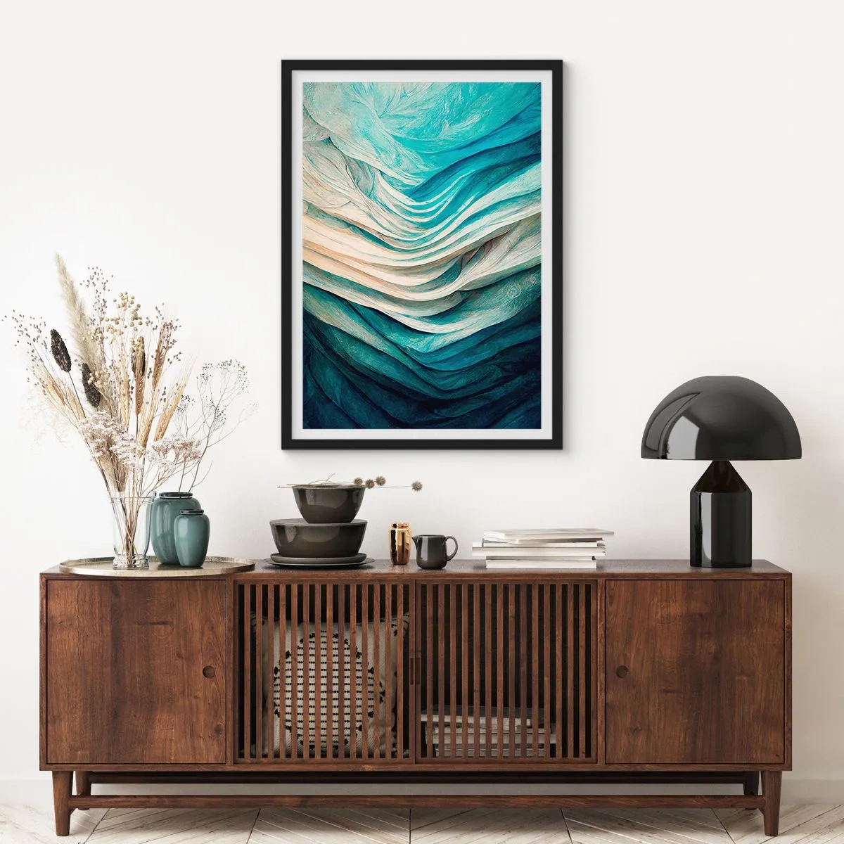 Poster in black frame - Abstract composition of waves in shades of blue and beige - 50x70cm - Blue Insatiability - Modern wall decoration for the living room and bedroom ARTTOR