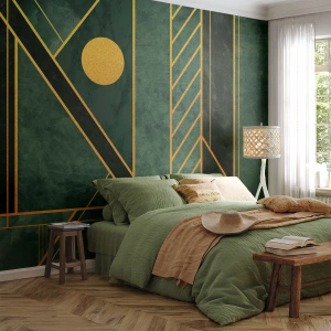 Photo Wallpaper Premium Canvas - Dynamics of Gold and Azure - Abstraction, Piece, Geometric Pattern - 150x105 cm