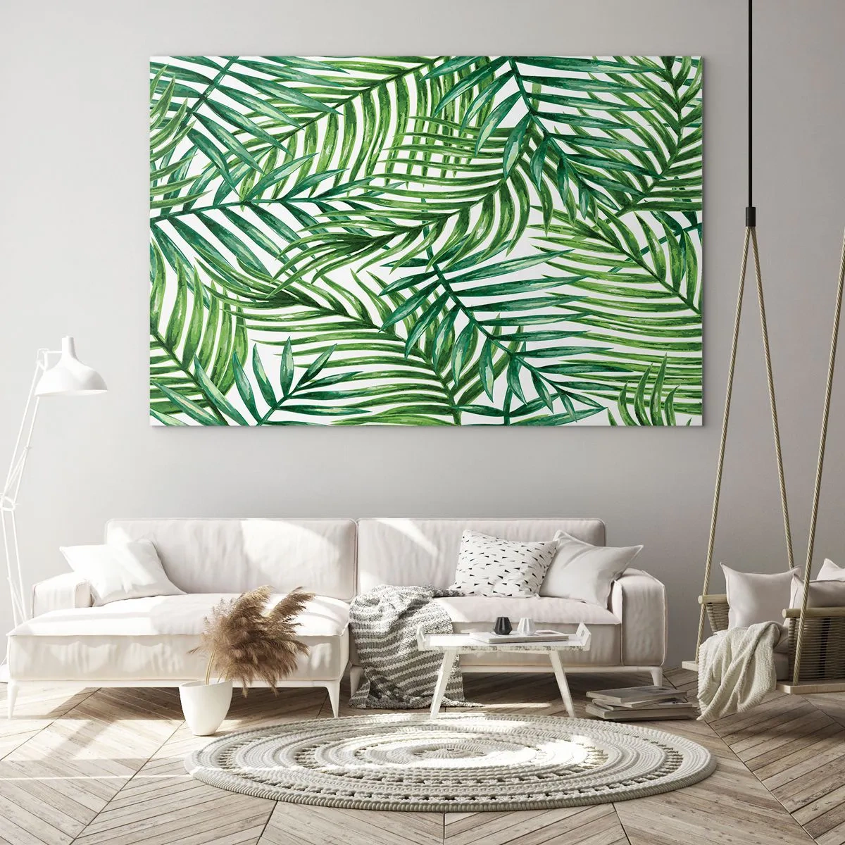 Glass picture - Green palm leaves on a white background creating a geometric pattern - 70x50cm - Under the Green Canopy - Modern wall decoration for the living room and bedroom ARTTOR