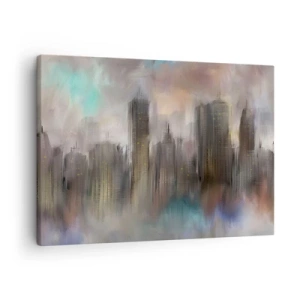 Canvas picture - An artistic vision of an urban landscape with skyscrapers in pastel colors. - 70x50cm - Composition of Steel, Stone and Fog - Modern wall decoration for the living room and bedroom ARTTOR