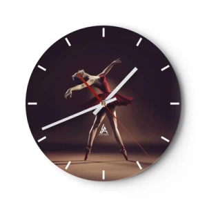 Wall clock - Clock on glass - A ballerina in a red dress in a dynamic pose - 30x30cm - Prima Ballerina - Modern wall decoration for the living room, kitchen, and bedroom ARTTOR
