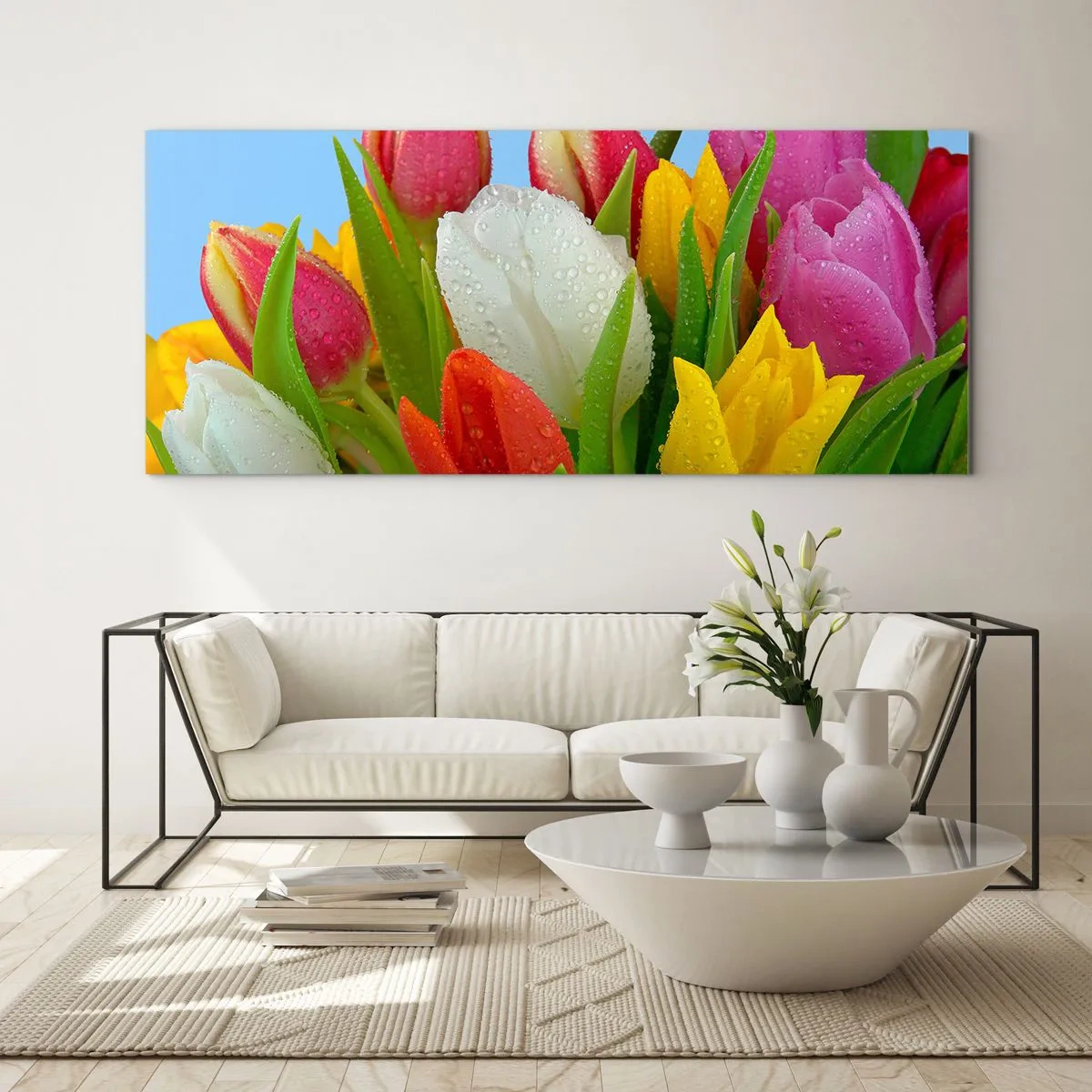Glass picture - Floral Rainbow in Dew Drops - 90x30 cm