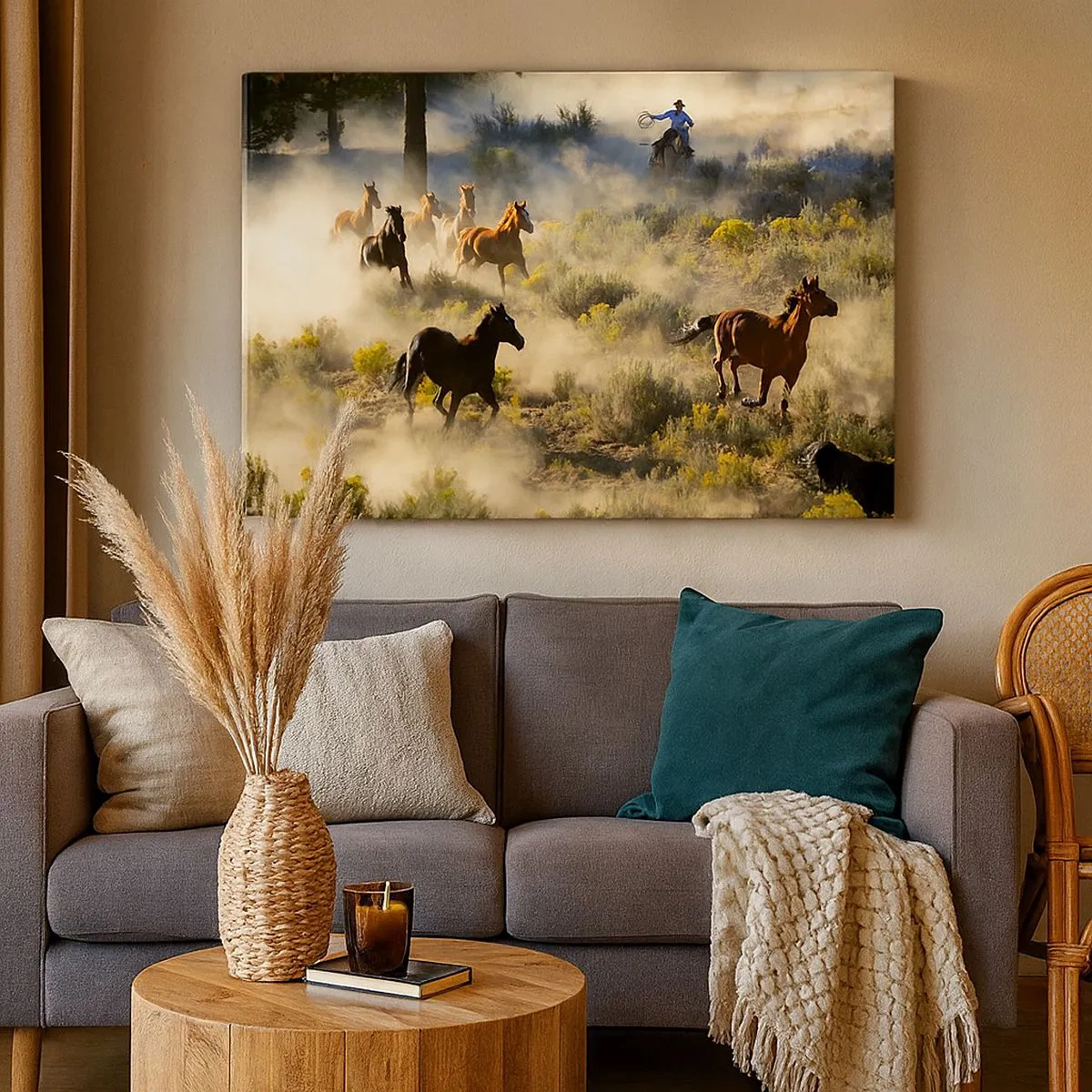Canvas picture - A herd of wild horses galloping through the dust and vegetation - 70x50cm - Rivalry - Freedom or Man Power? - Modern wall decoration for the living room and bedroom ARTTOR