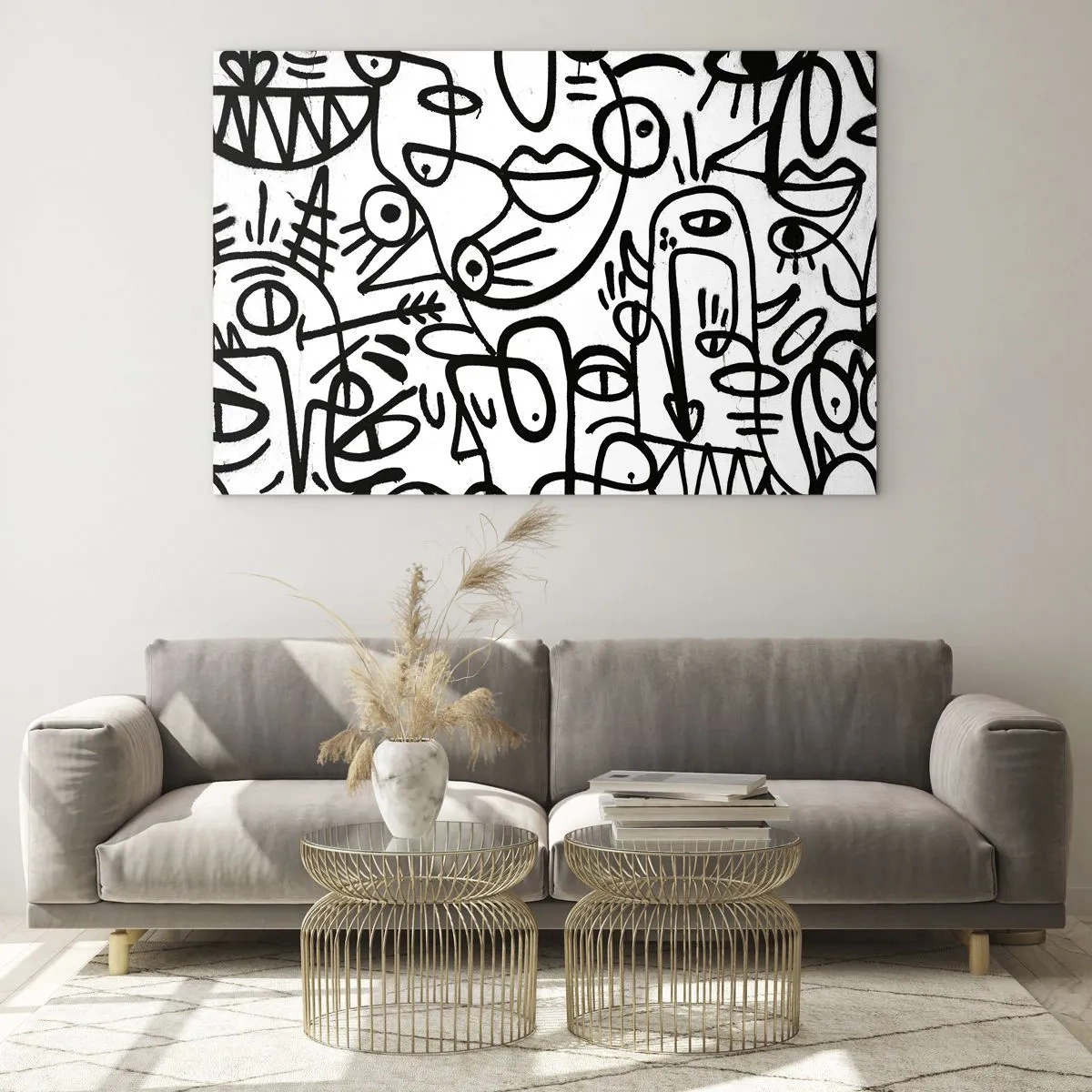 Glass picture - Black and white abstraction with eyes, faces, and lines - 70x50cm - Faces and Mirages - Modern wall decoration for the living room and bedroom ARTTOR