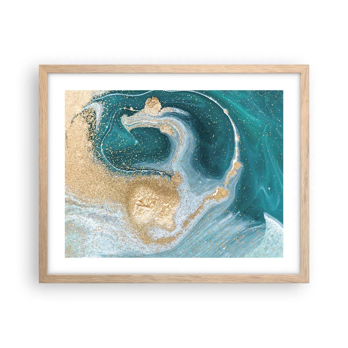 Poster in light oak frame - Swirl of Gold and Turquiose - 50x40 cm