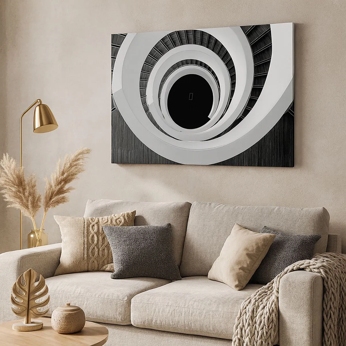 Canvas picture - Black and white spiral staircase in a modern style - 70x50cm - To the Point of the Matter - Modern wall decoration for the living room and bedroom ARTTOR