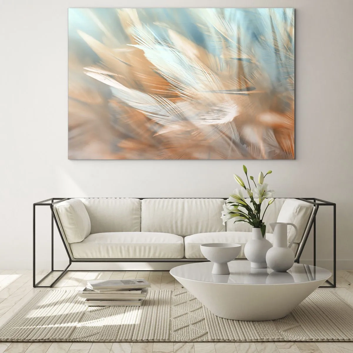 Glass picture - Delicate feathers in pastel shades of turquoise and peach - 70x50cm - In the Land of Gentleness - Modern wall decoration for the living room and bedroom ARTTOR