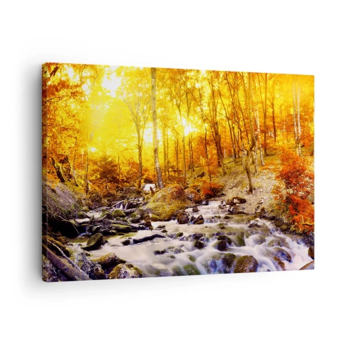 Canvas picture - Autumn forest with a stream among golden leaves - 70x50cm - Stones Set in Gold and Platinum - Modern wall decoration for the living room and bedroom ARTTOR