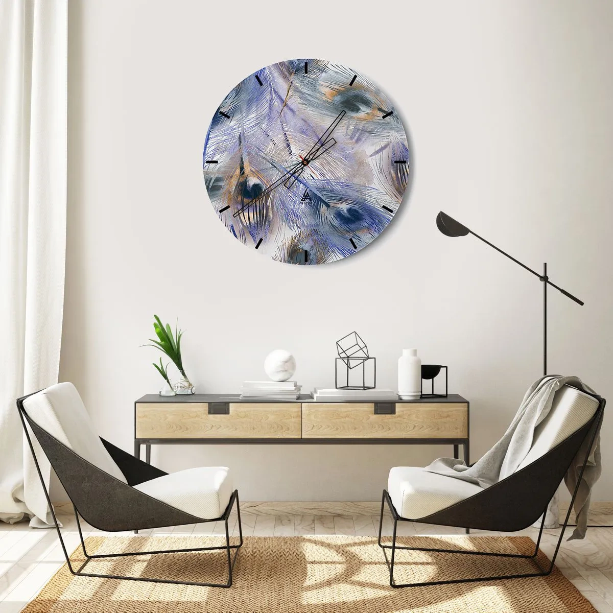 Wall clock - Clock on glass - Peacock's Feather Composition - 40x40 cm
