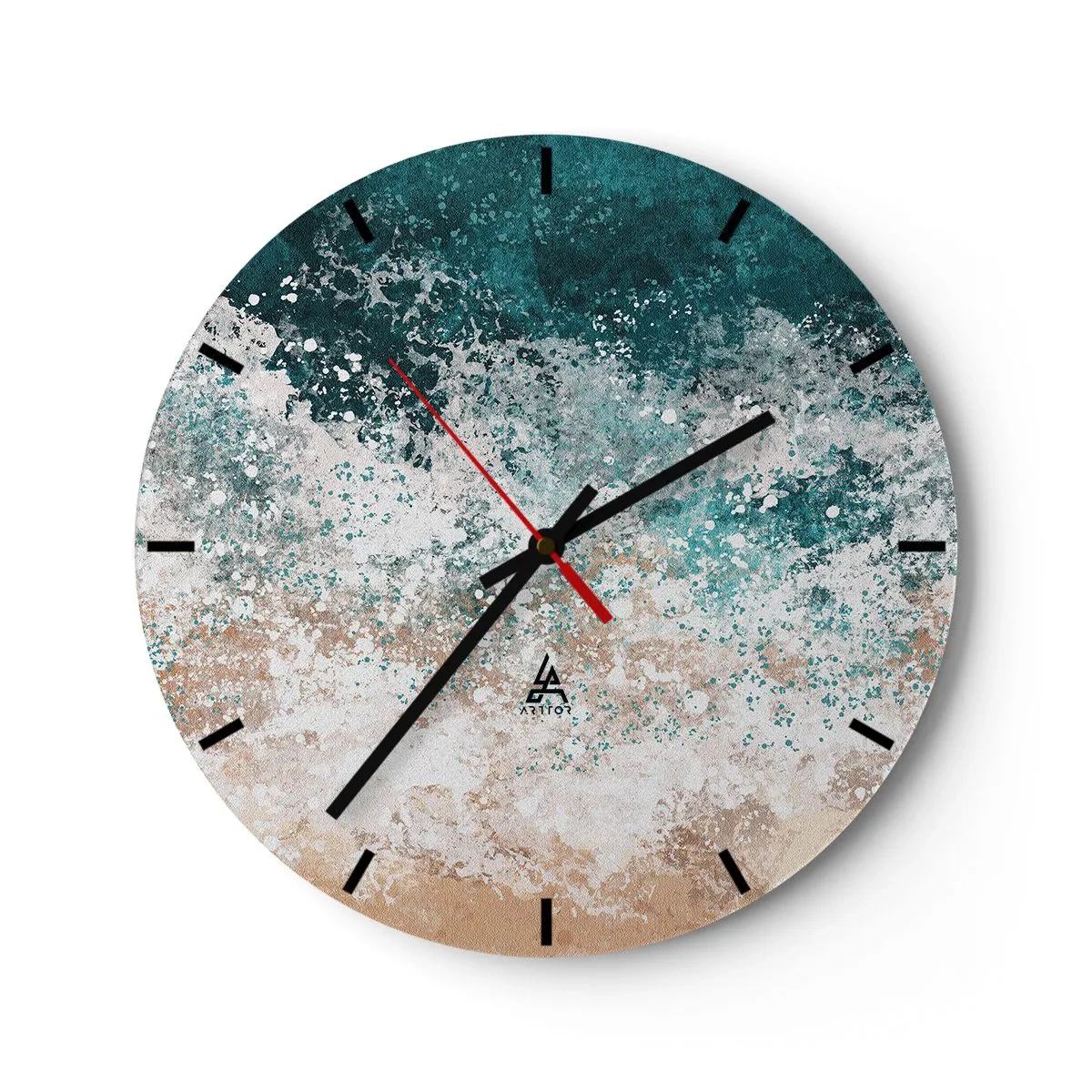 Wall clock - Clock on glass - Abstract sea wave in shades of turquoise and sand - 30x30cm - Sea Tales - Modern wall decoration for the living room, kitchen, and bedroom ARTTOR