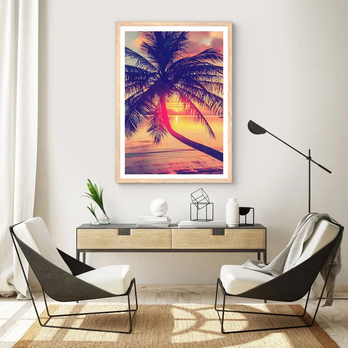 Poster in light oak frame - Evening under the Palm Trees - 50x70 cm