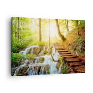 Canvas picture - Forest path with wooden stairs by the waterfall - 70x50cm - Long Awaited Coolness - Modern wall decoration for the living room and bedroom ARTTOR