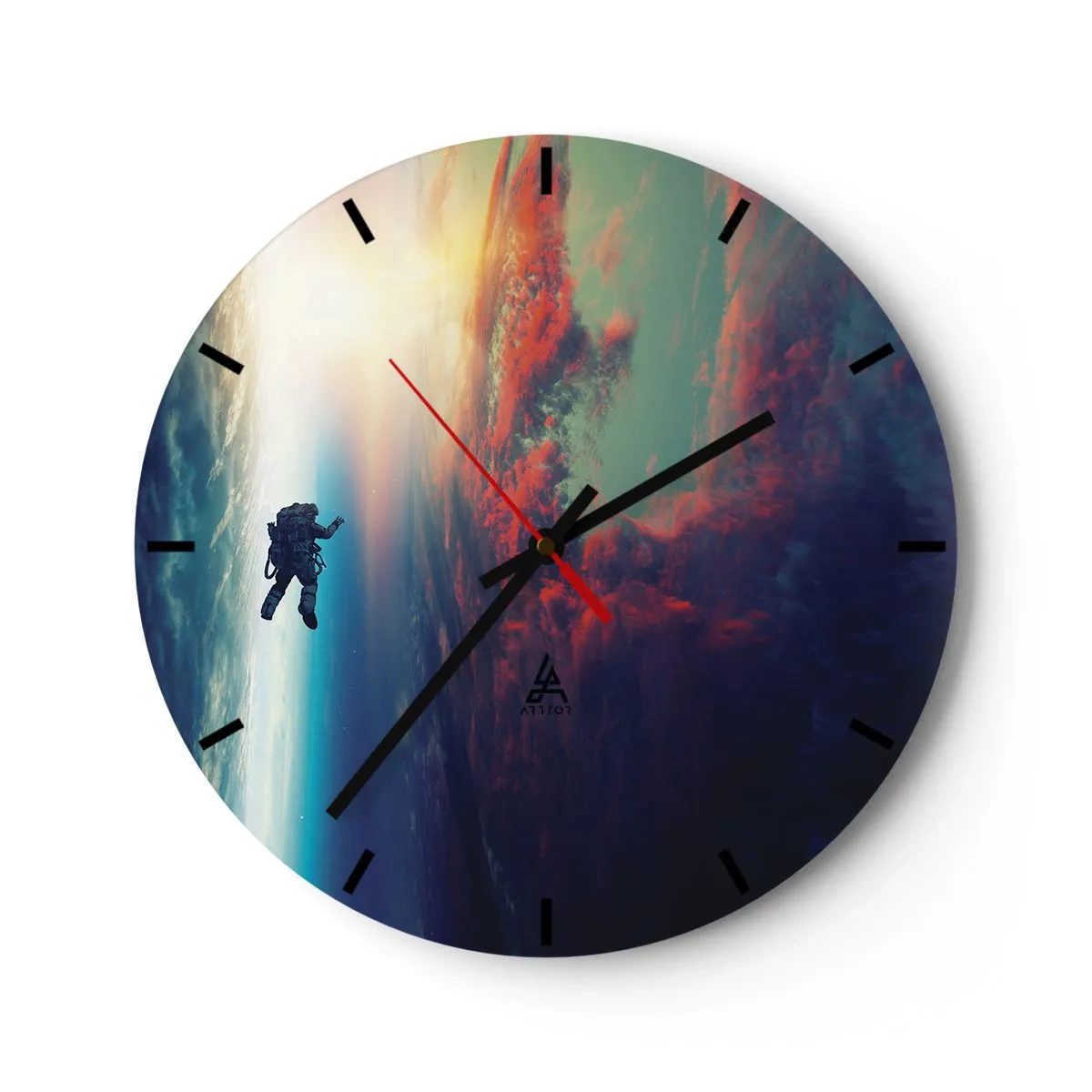 Wall clock - Clock on glass - A painterly composition of red abrasions and structures on a white background - 30x30cm - Confronting the Universe - Modern wall decoration for the living room, kitchen, and bedroom ARTTOR