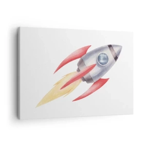 Canvas picture - Watercolor style rocket on a white background - 70x50cm - Higher, Faster, Further - Modern wall decoration for the living room and bedroom ARTTOR