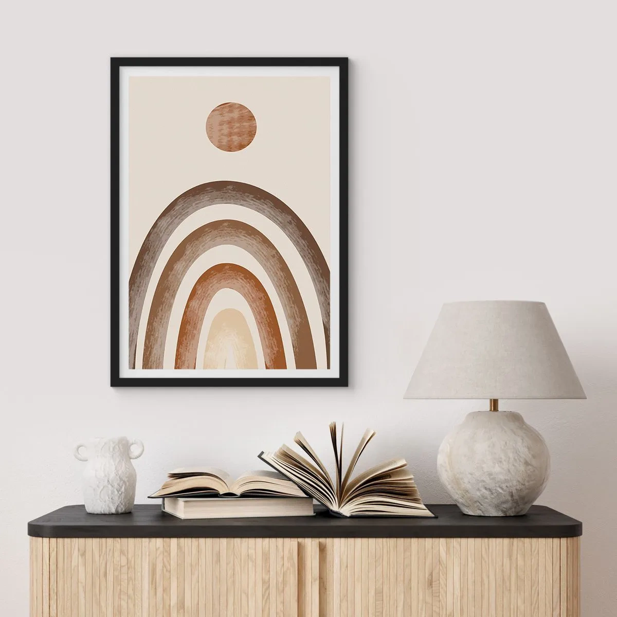 Poster in black frame - Abstract motif of arches and sun in earthy tones - 50x70cm - In a Distant Galaxy - Modern wall decoration for the living room and bedroom ARTTOR