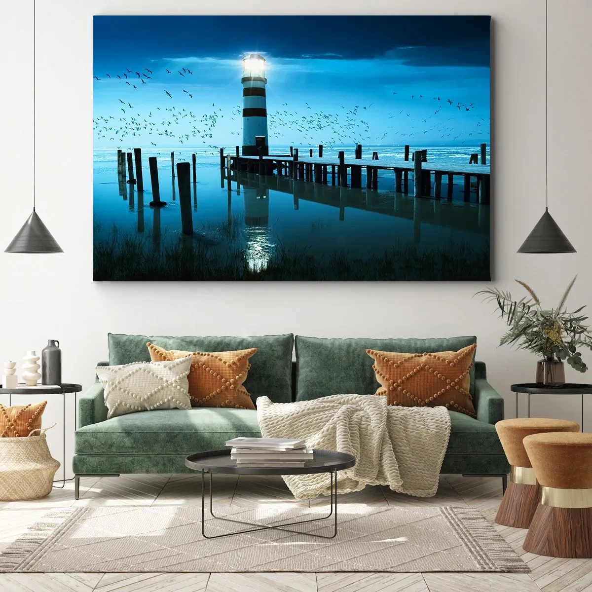 Canvas picture - The lighthouse at the pier illuminated at night - 70x50cm - And You Are Not Afraid of Darkness - Modern wall decoration for the living room and bedroom ARTTOR