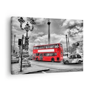Canvas picture - A red double-decker bus against a black-and-white city backdrop - 70x50cm - Real Bloodstream of a City - Modern wall decoration for the living room and bedroom ARTTOR